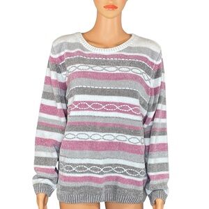 Alfred Dunner Women's Striped Sweater in Gray and Pink
